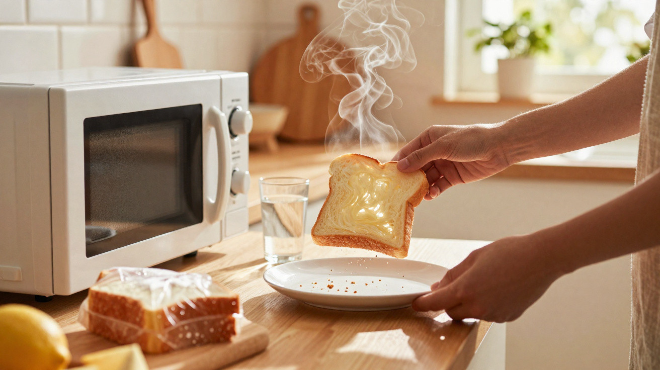 Pessoa a pegar fatia de pão quente a sair do micro-ondas numa cozinha iluminada.