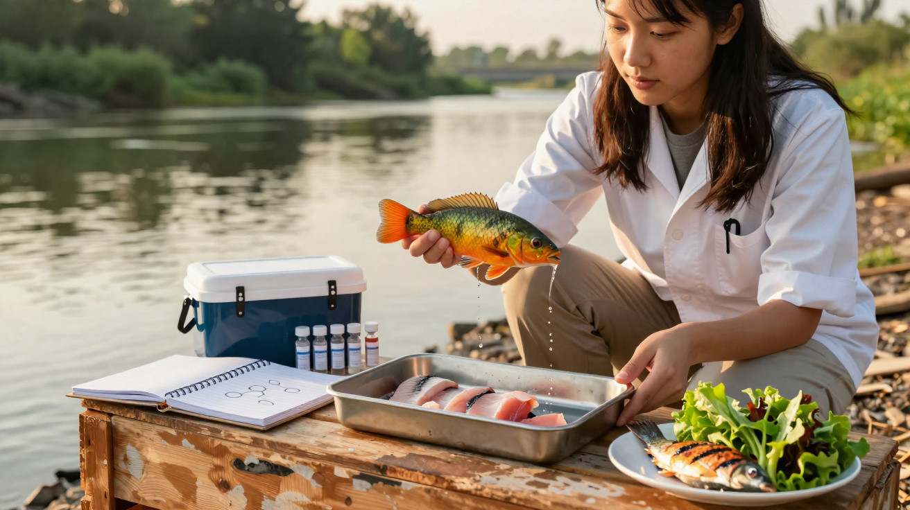 Investigadora a segurar um peixe junto a uma ribeira, com amostras e instrumento de análise sobre uma mesa rústica.