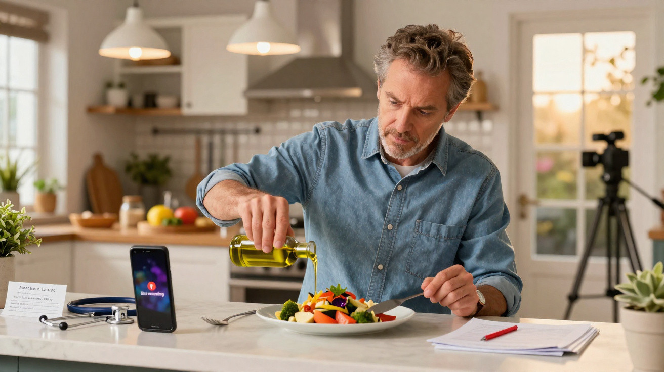 Homem a preparar salada, a ver gravação em voz no telemóvel, numa cozinha moderna e iluminada.