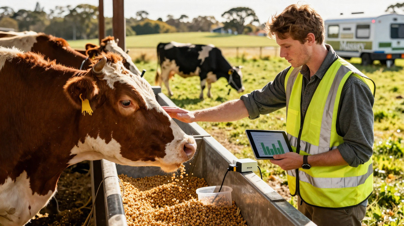 Agricultor com colete refletor verifica dados num tablet enquanto interage com vaca numa exploração agrícola ao ar livre.