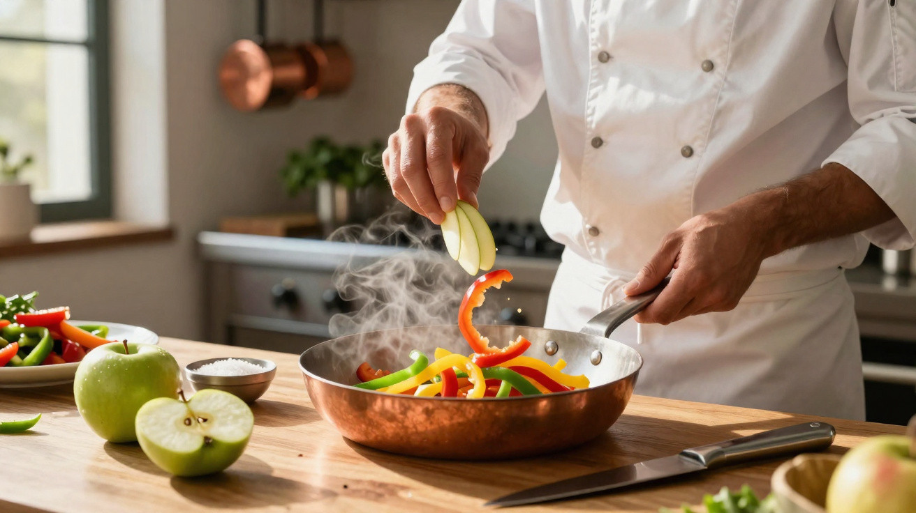 Chef a preparar legumes salteados numa frigideira de cobre numa cozinha iluminada.