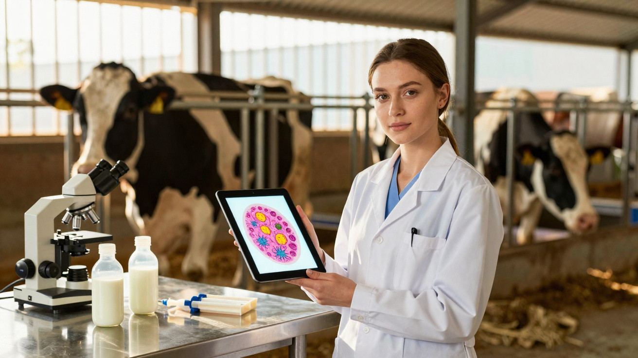 Veterinária em laboratório com tablet mostrando imagem microscópica, vacas e equipamento agrícola ao fundo.