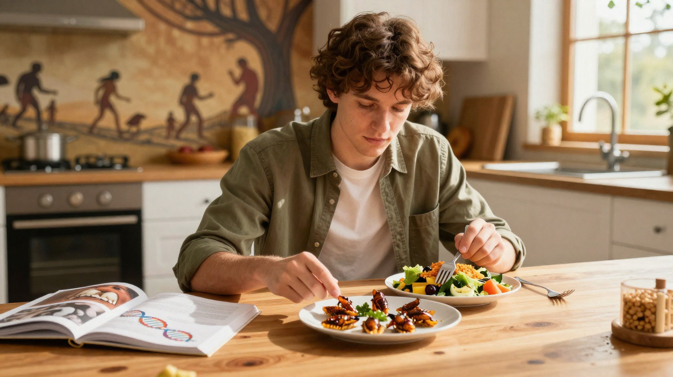 Jovem sentado à mesa na cozinha a comer petiscos e salada, com um livro aberto à sua frente.