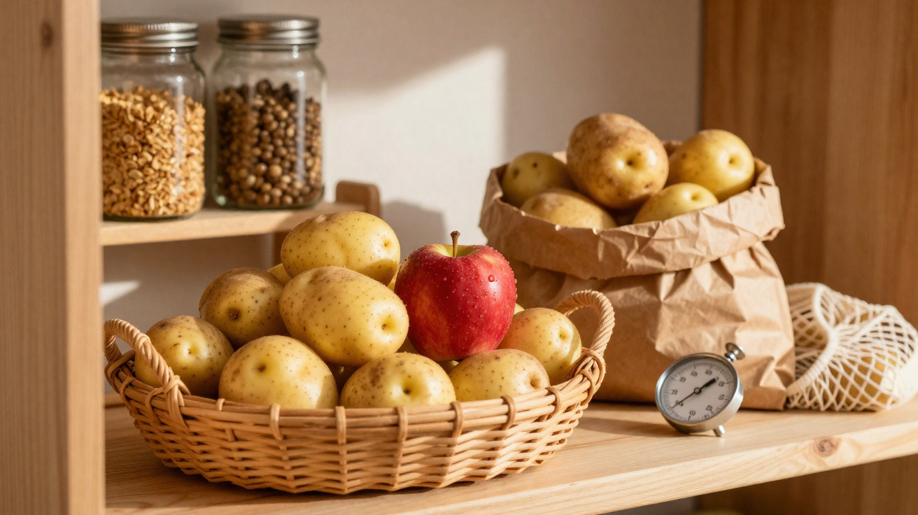 Cesto com batatas e uma maçã vermelha ao centro, saco de papel com mais batatas e frascos com grãos numa prateleira.