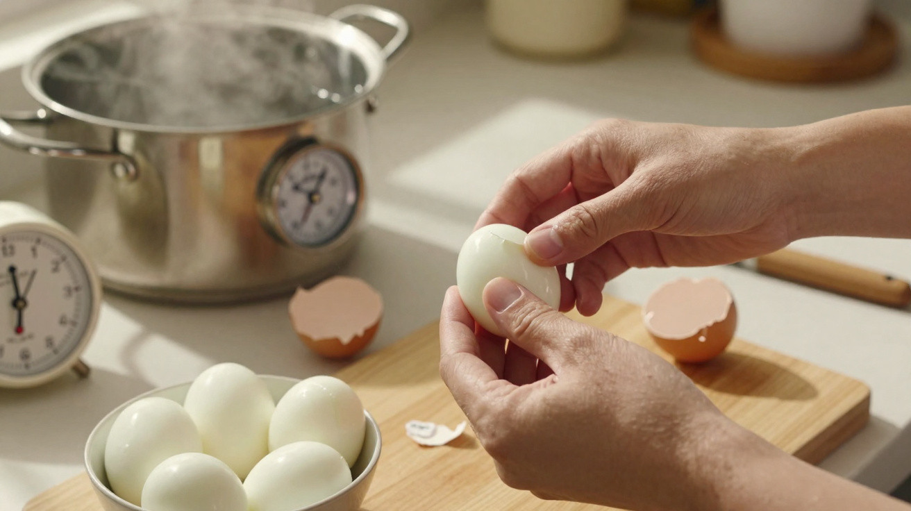 Mãos a descascar ovo cozido numa cozinha com panela a ferver e ovos descascados num recipiente branco.