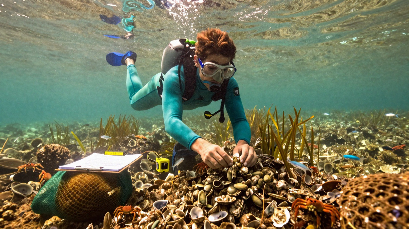 Mergulhador a investigar conchas e vida marinha no fundo do mar com equipamento de mergulho e prancheta.