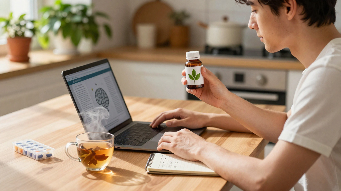 Pessoa a consultar suplemento natural com folha no rótulo, junto a chá quente, laptop e bloco de notas numa cozinha.