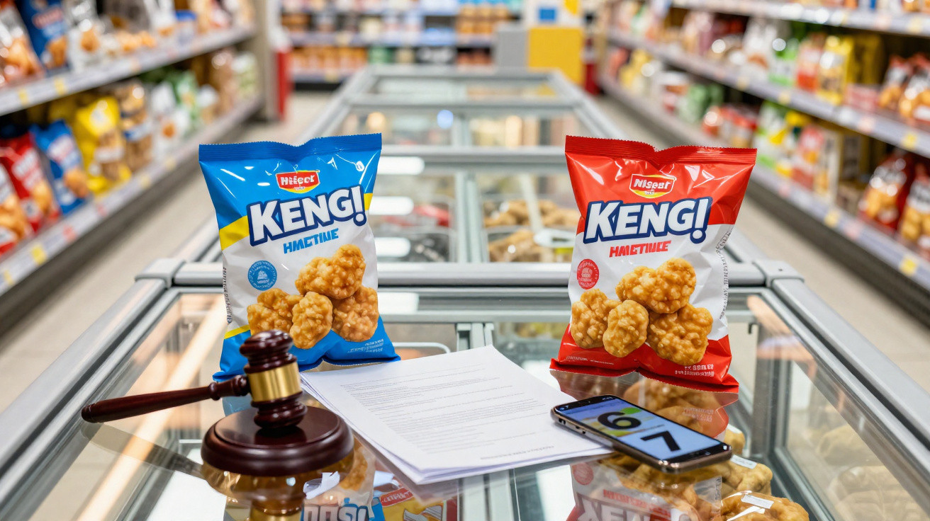 Dois pacotes de snacks Keng sobre um balcão de vidro num supermercado com um martelo de juiz, documentos e telemóvel.