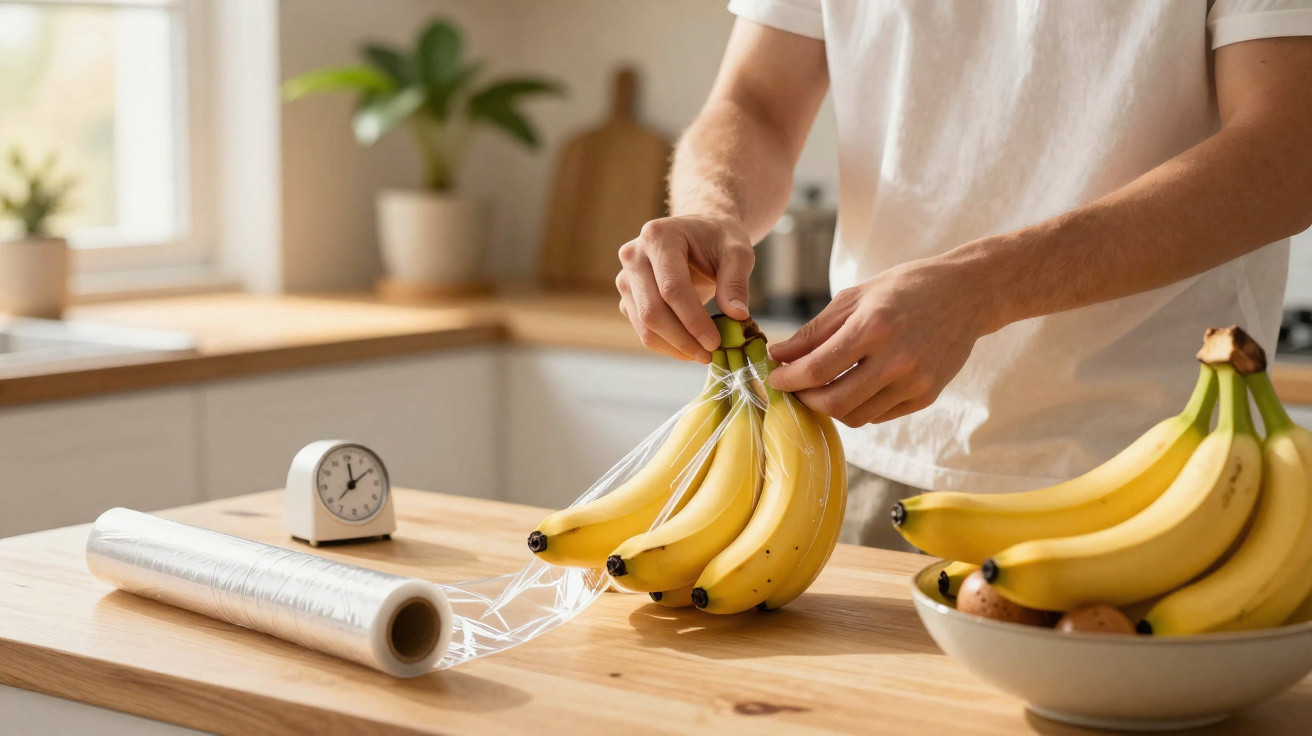 Pessoa a envolver cacho de bananas com filme plástico numa cozinha luminosa e moderna.