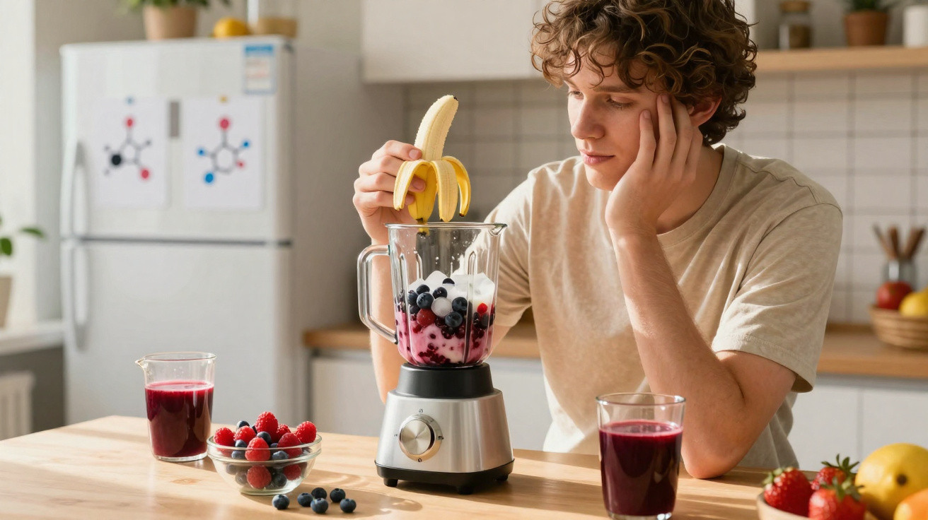 Jovem a preparar batido com banana, frutos vermelhos e iogurte numa cozinha luminosa e moderna.
