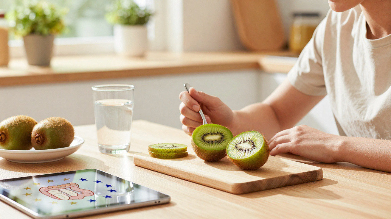 Pessoa sentada à mesa a cortar e comer kiwi com tablet e copo de água à sua frente numa cozinha iluminada.