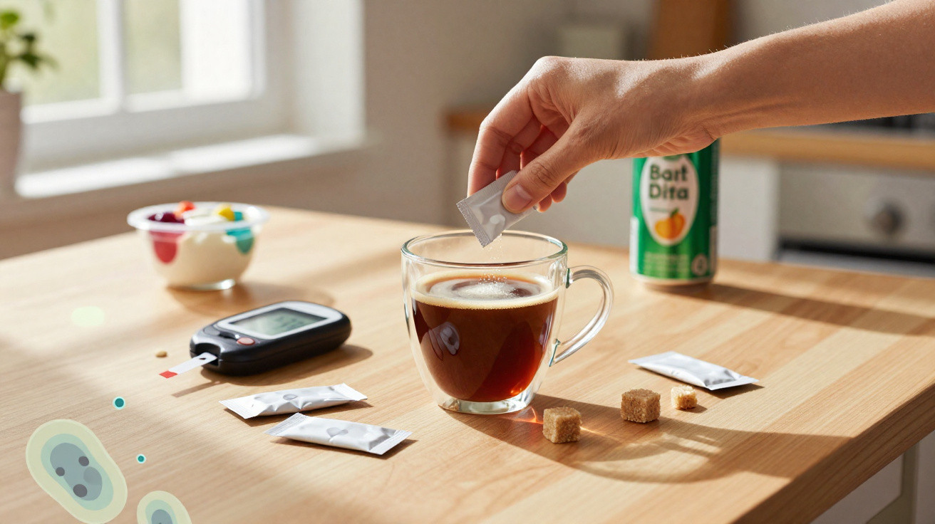Mão a adicionar adoçante ao café em copo transparente numa mesa com medidor de glicose e cubos de açúcar.
