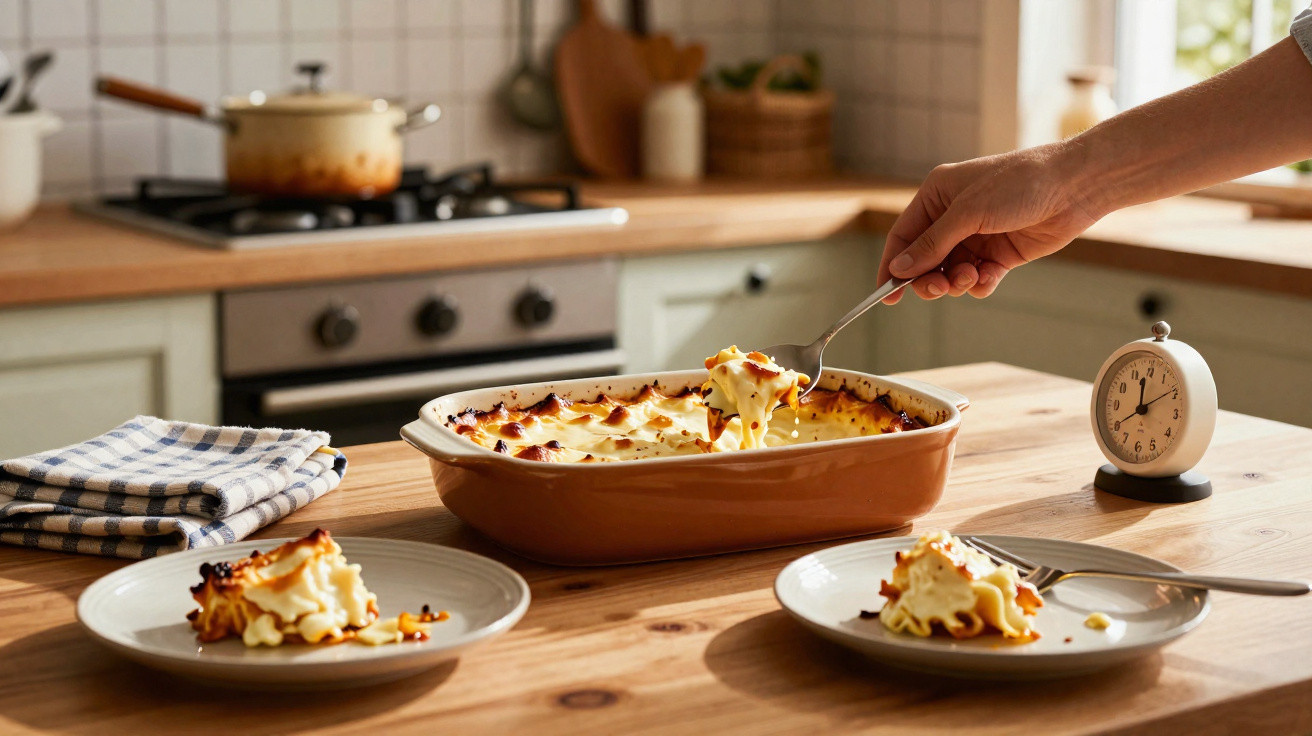 Mão a servir empadão caseiro quente em pratos brancos numa cozinha com forno e cronómetro.