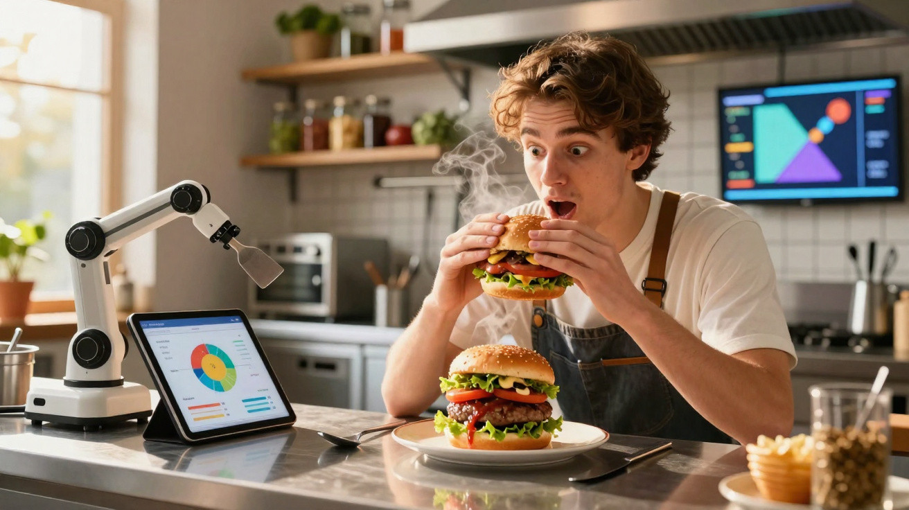 Jovem surpreendido a segurar hambúrguer quente numa cozinha moderna com tablet e braço robótico.