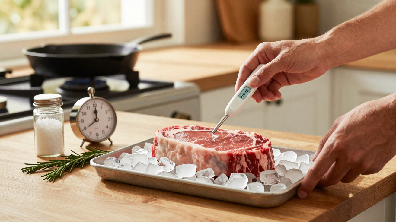 Pessoa mede a temperatura de um bife grosso em cima de uma bandeja com gelo numa cozinha.