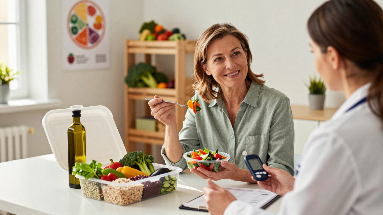 Mulher a conversar com médica enquanto come salada numa consulta de nutrição saudável.