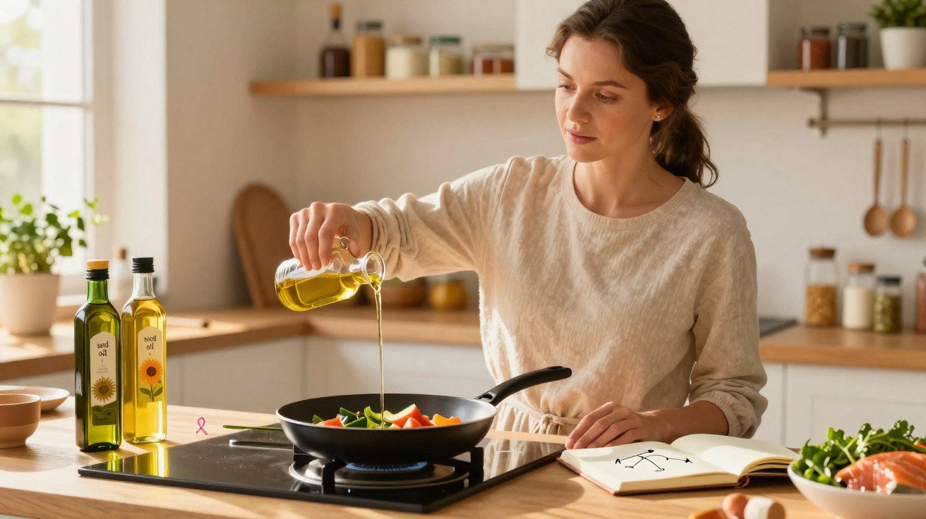 Mulher a cozinhar legumes numa frigideira, a deitar azeite na cozinha iluminada e moderna.