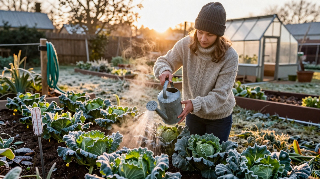 Mulher a regar couves num jardim com geada ao amanhecer, usando gorro e camisola de lã.