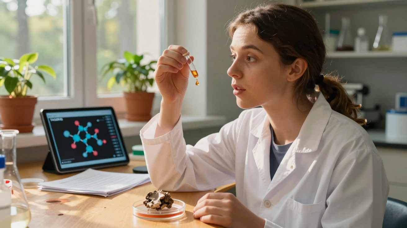 Mulher cientista em bata branca observa gota de líquido com conta-gotas num laboratório iluminado.