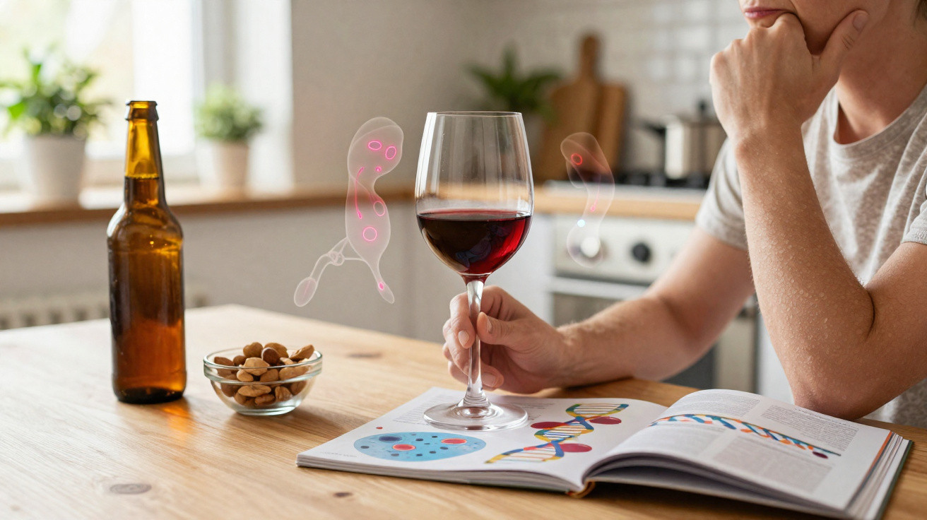 Pessoa refletindo com copo de vinho tinto, garrafa, amendoins, e livro aberto sobre genética na cozinha.