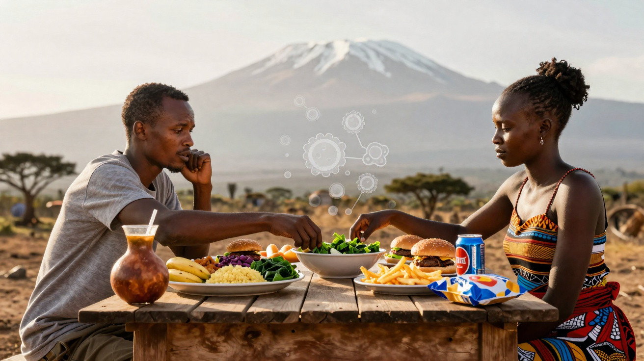 Casal africano a partilhar refeição ao ar livre com o monte Kilimanjaro ao fundo.