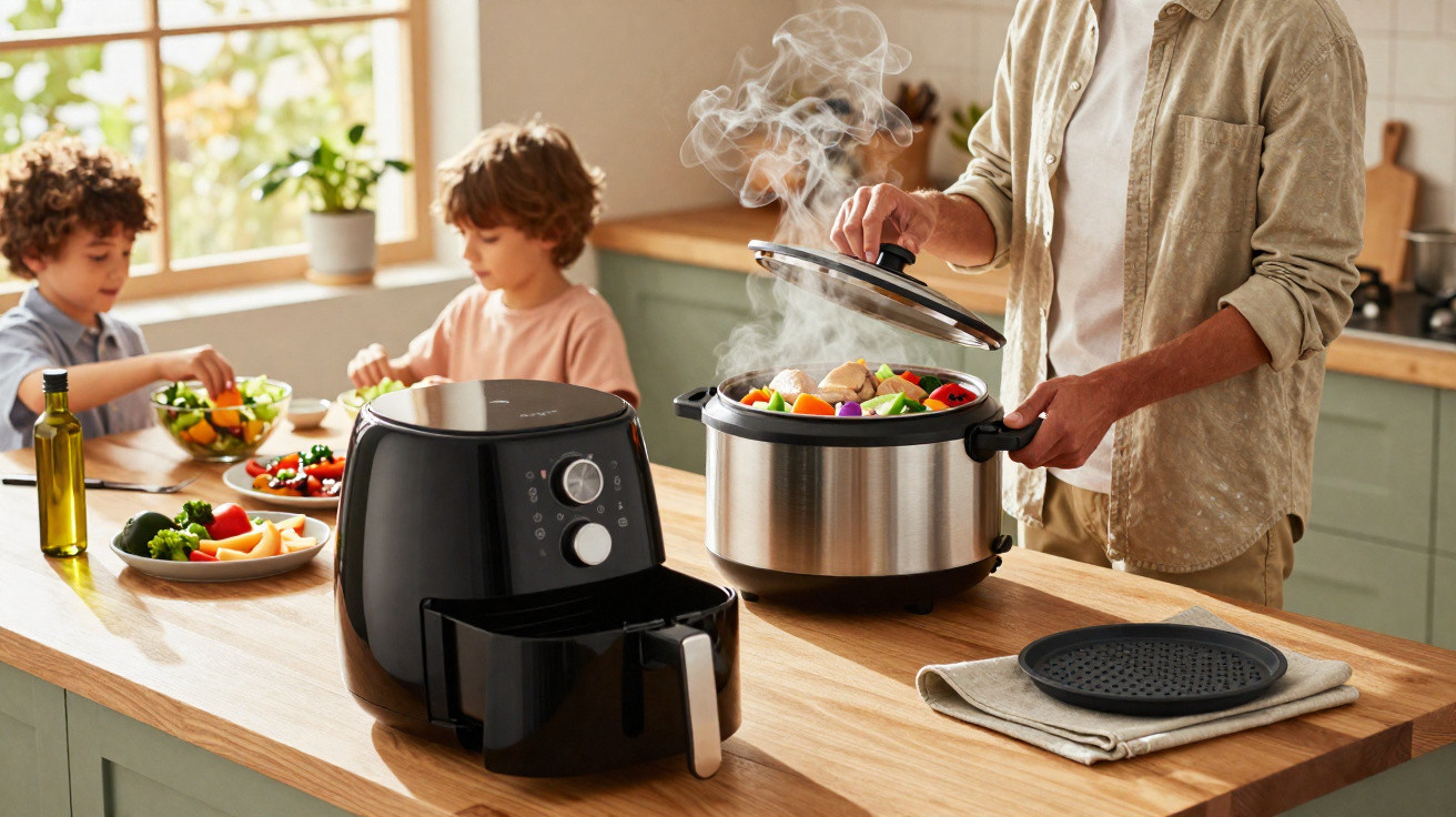 Pessoa a levantar tampa de panela elétrica com legumes e duas crianças a preparar saladas na cozinha.