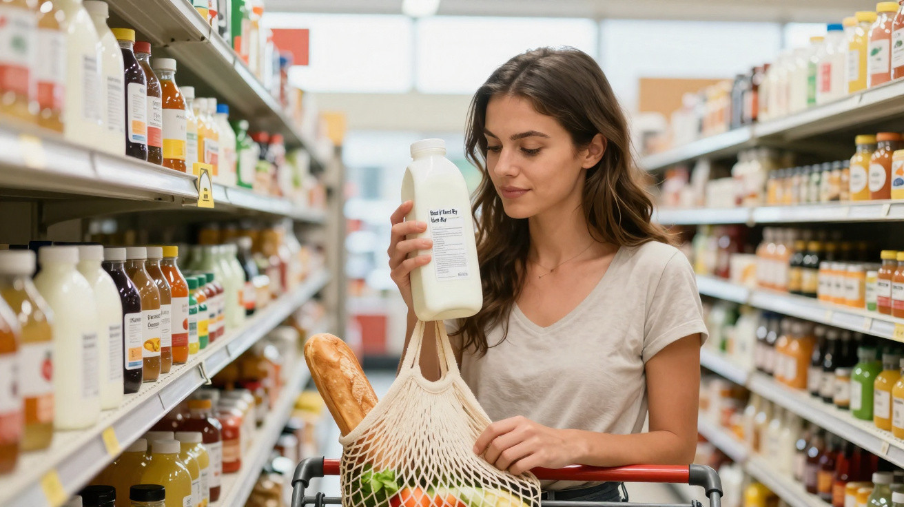 Mulher a segurar garrafa de leite e saco com alimentos enquanto faz compras num supermercado.
