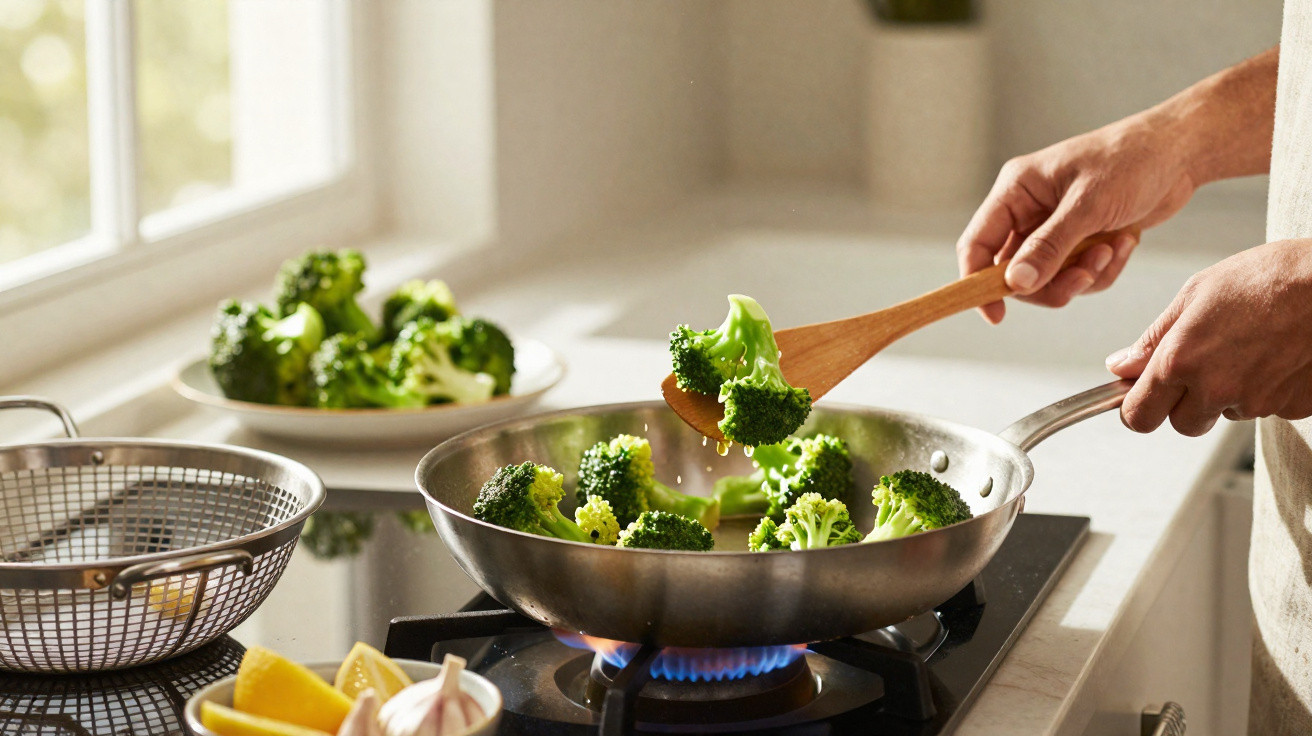 Pessoa a cozinhar brócolos numa frigideira sobre um fogão a gás numa cozinha luminosa.