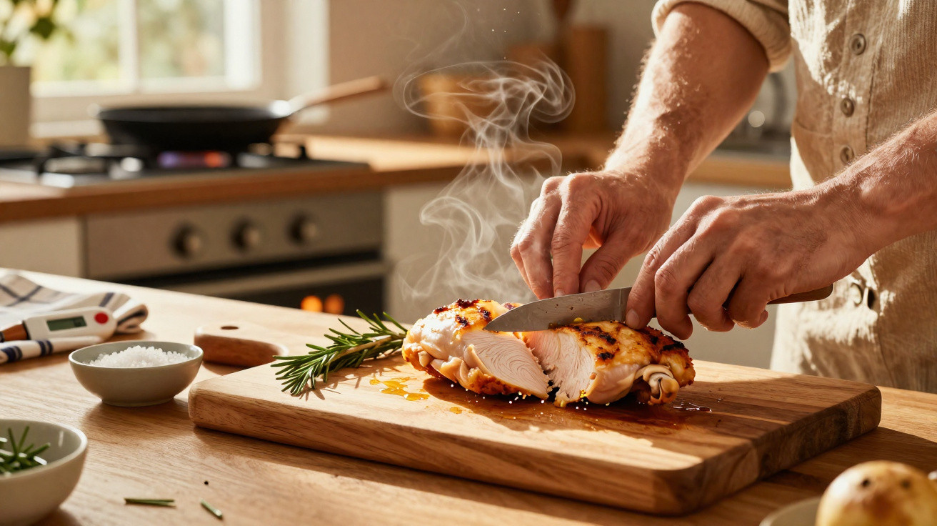 Pessoa a cortar frango assado fumegante numa tábua de cortar numa cozinha iluminada natural.</s>