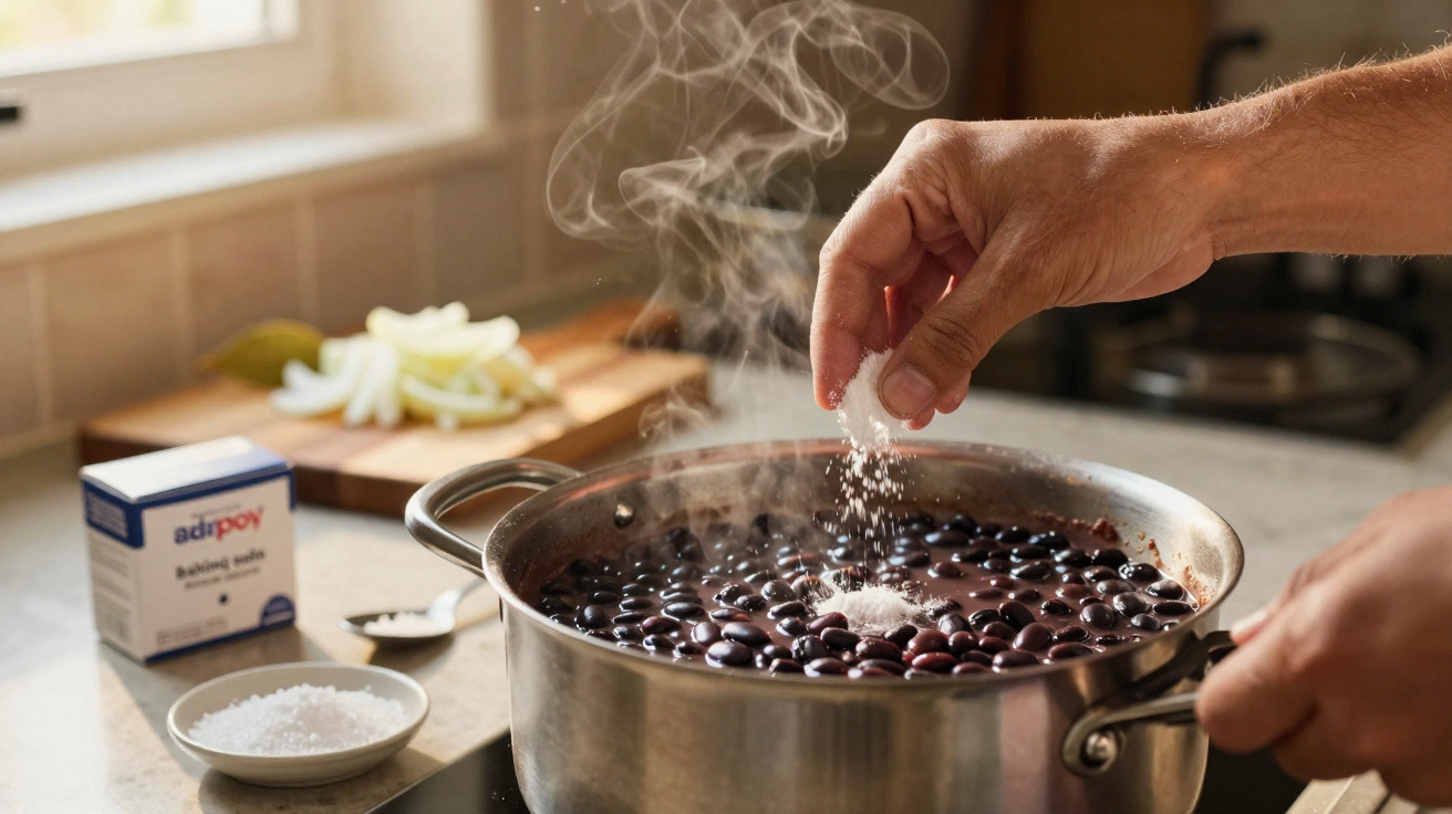 Mãos a adicionar sal a uma panela com feijão preto a ferver numa cozinha iluminada.