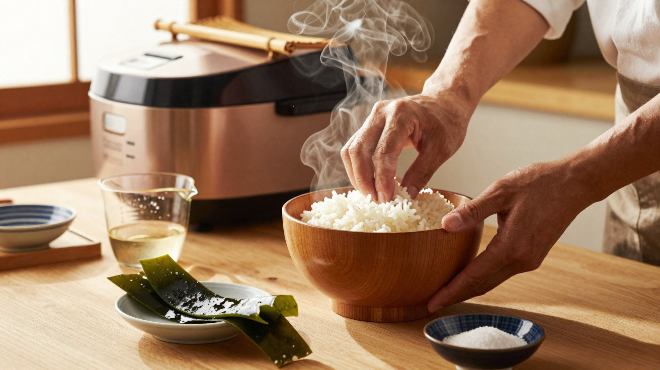 Mãos a pegar arroz fumegante numa taça de madeira, com algas, sal e máquina de arroz ao fundo.
