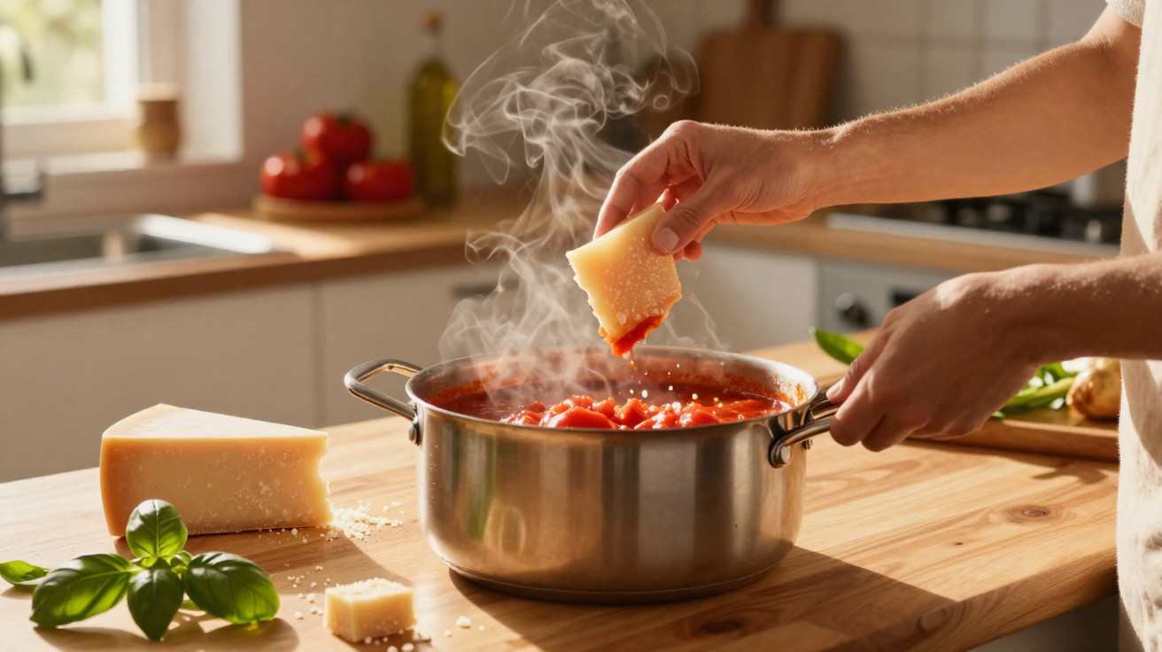 Pessoa a ralar queijo sobre panela com molho de tomate fumegante numa cozinha iluminada.