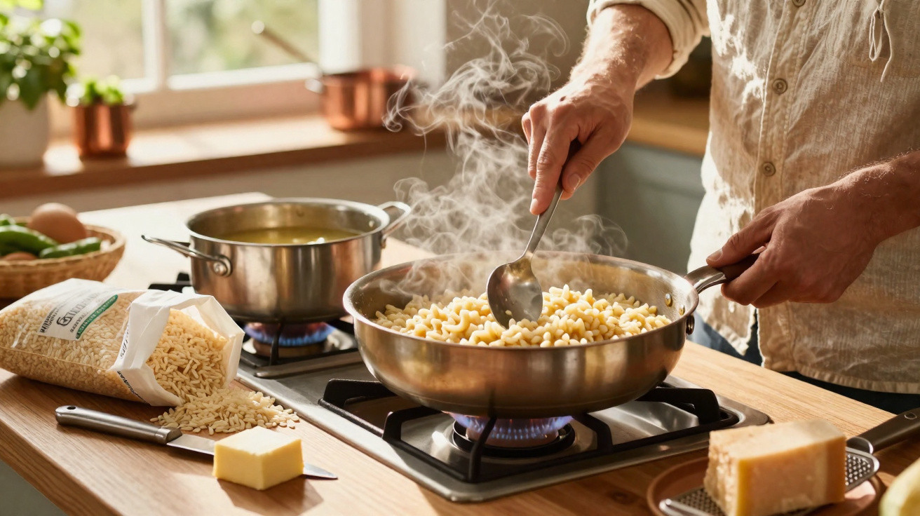 Pessoa a cozinhar massa com cadeira de pau numa frigideira dourada, num fogão a gás numa cozinha iluminada.