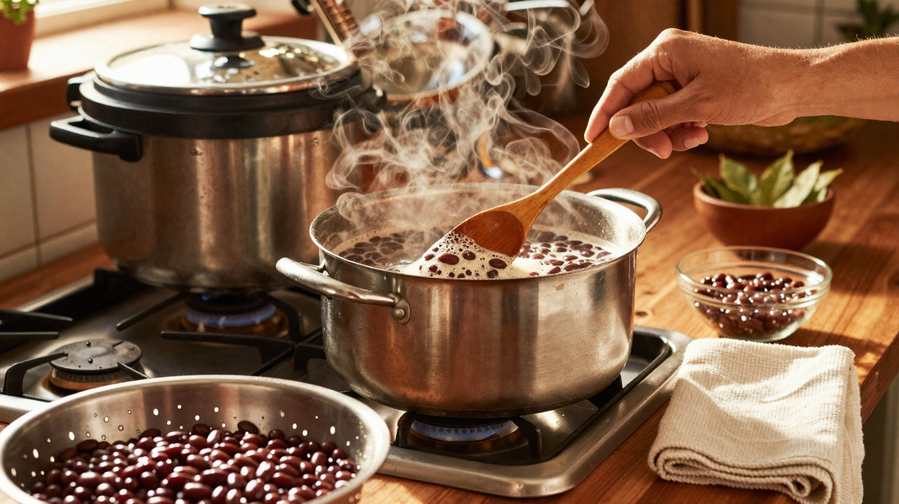 Mãos a mexer feijão a ferver numa panela no fogão, com vapor a subir e utensílios de cozinha ao redor.