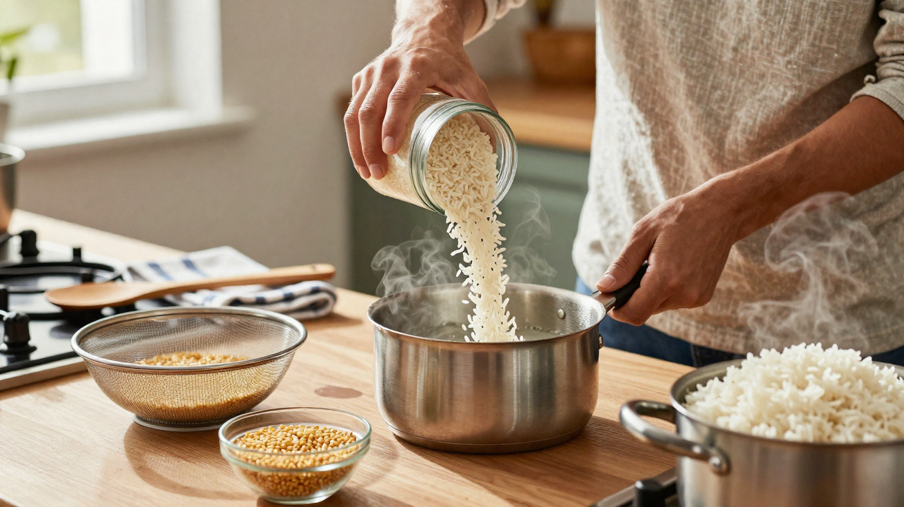 Pessoa a verter arroz cru para panela com vapor numa cozinha contemporânea, com especiarias e arroz cozido ao lado.