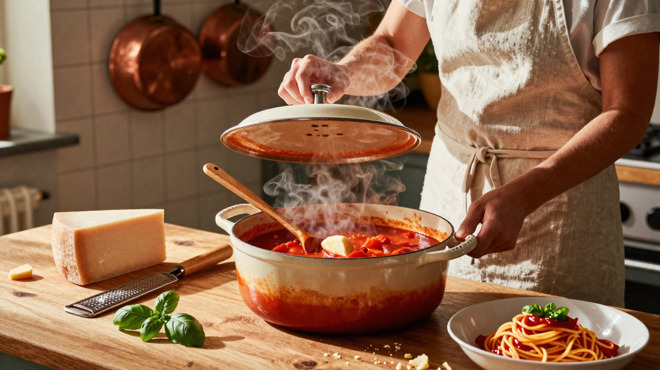 Pessoa a levantar tampa de panela com molho de tomate a ferver, queijo, manjericão e prato de esparguete à mesa de cozinha.