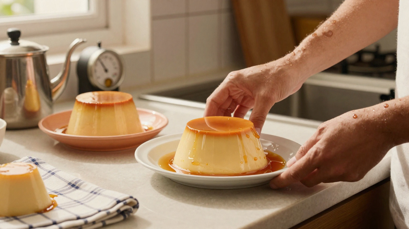 Mãos seguram prato com pudim de caramelo, com mais pudins na bancada de cozinha iluminada.