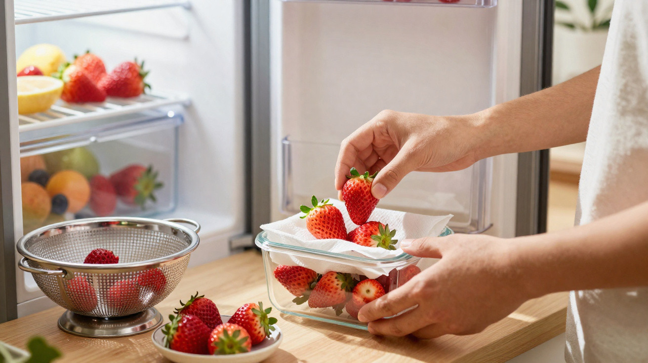 Mãos a colocar morangos numa caixa de vidro na bancada da cozinha, ao lado de uma taça e um passador com mais morangos.