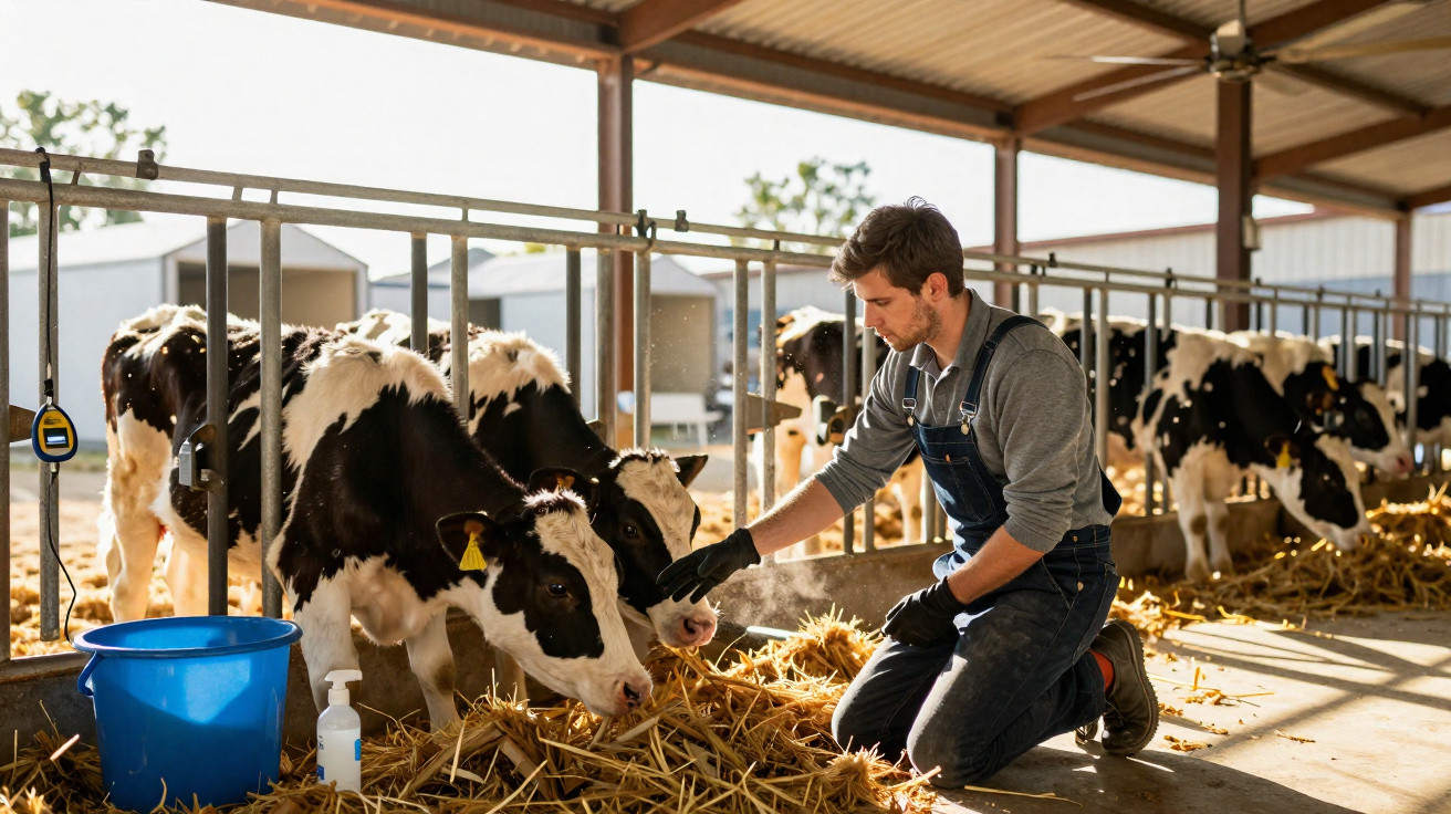 Homem agachado alimenta vacas num curral coberto com palha e luz natural.