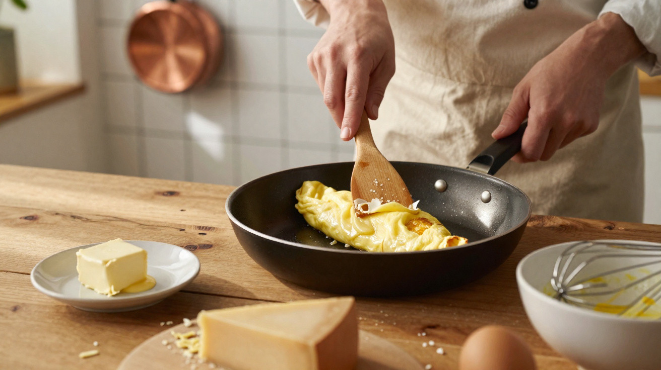Pessoa a cozinhar omelete numa frigideira com queijo, manteiga e ovos numa bancada de cozinha.