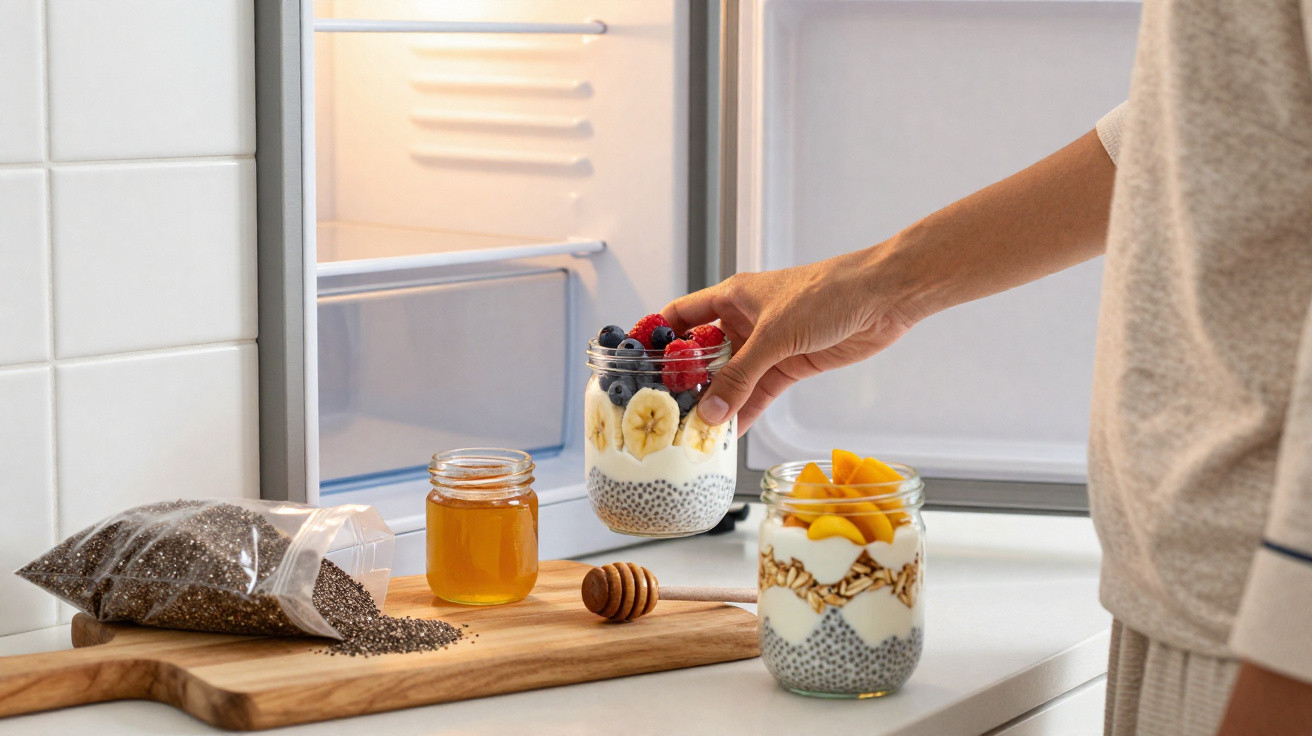 Pessoa a pegar taça com iogurte, fruta e sementes ao lado de travessas e frasco de mel em cozinha.