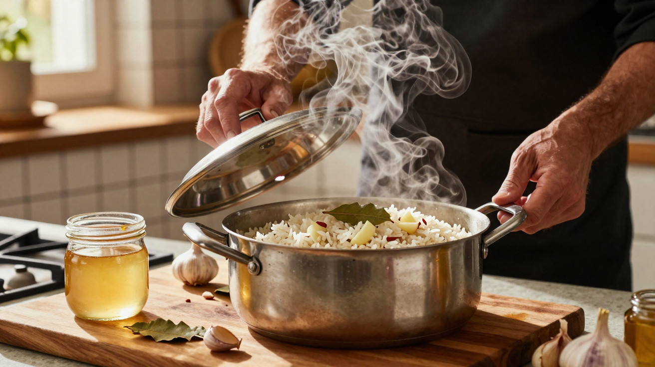 Pessoa a levantar tampa de panela com arroz fumegante e ingredientes à volta na cozinha.