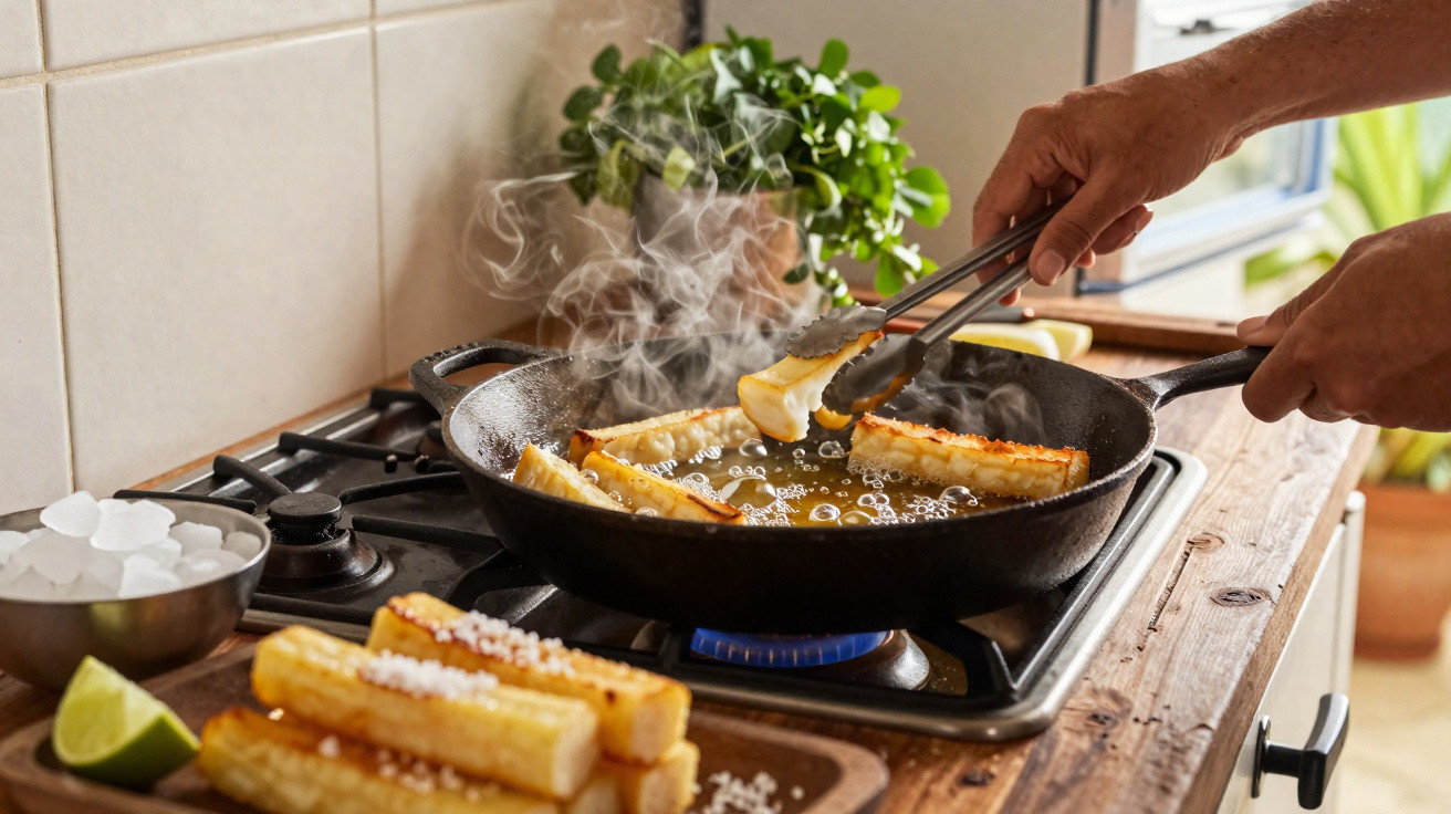 Pessoa a fritar mandioca num fogão a gás numa cozinha com plantas ao fundo.
