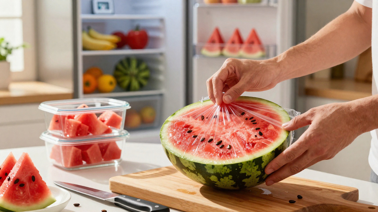Mãos a tapar meia melancia com película transparente numa cozinha com várias frutas ao fundo.
