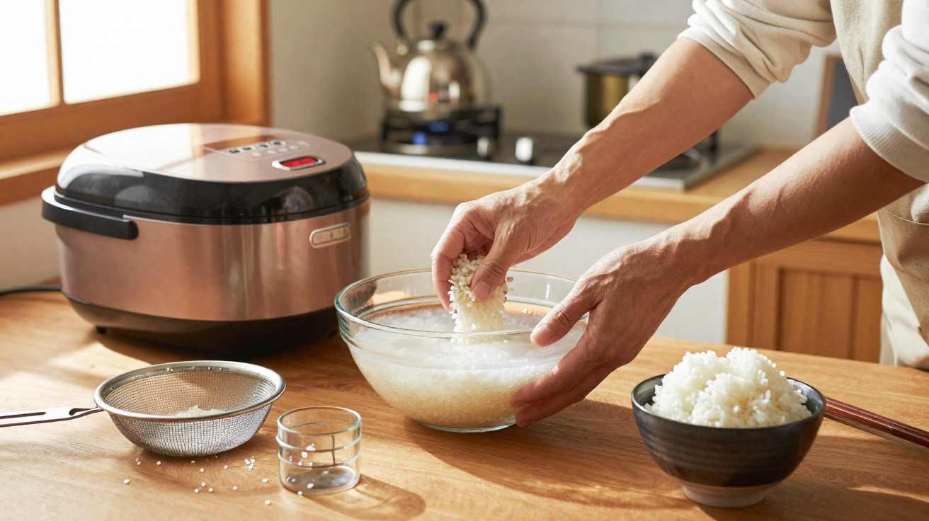 Pessoa a lavar arroz numa taça de vidro numa cozinha com panela elétrica de arroz ao fundo.