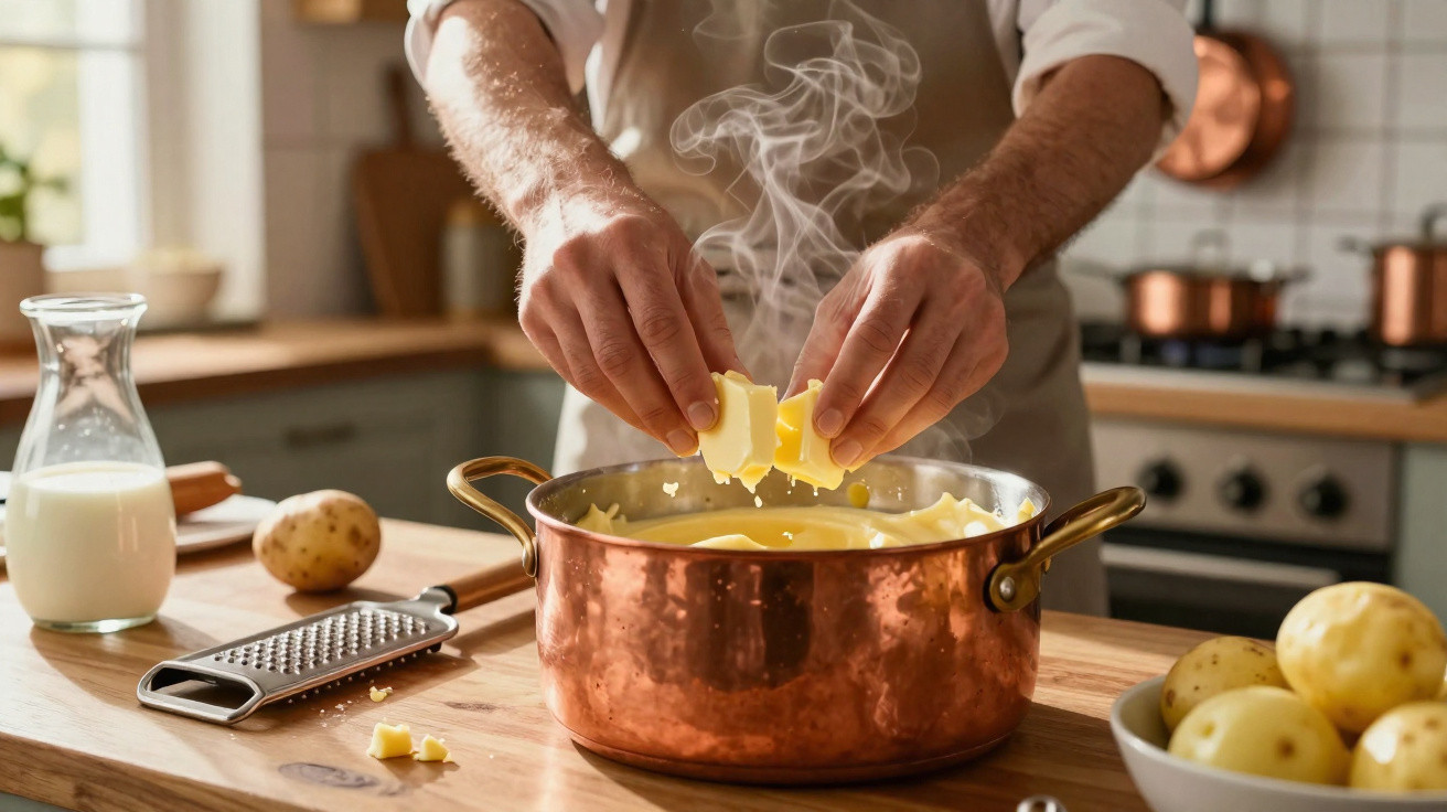 Pessoa a adicionar manteiga a puré de batata fumegante numa panela de cobre numa cozinha.