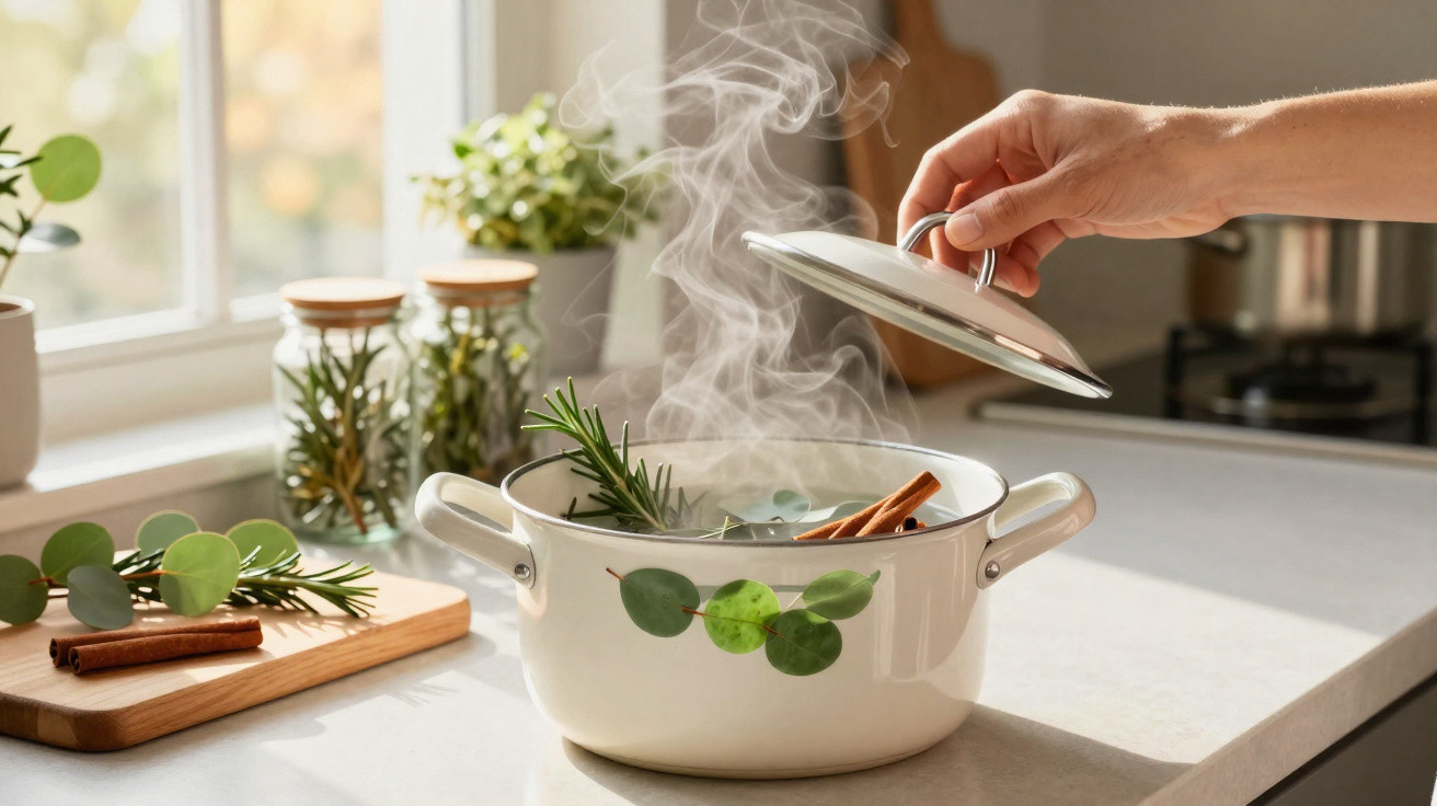 Mão a levantar tampa de panela branca com vapor e especiarias numa cozinha iluminada.