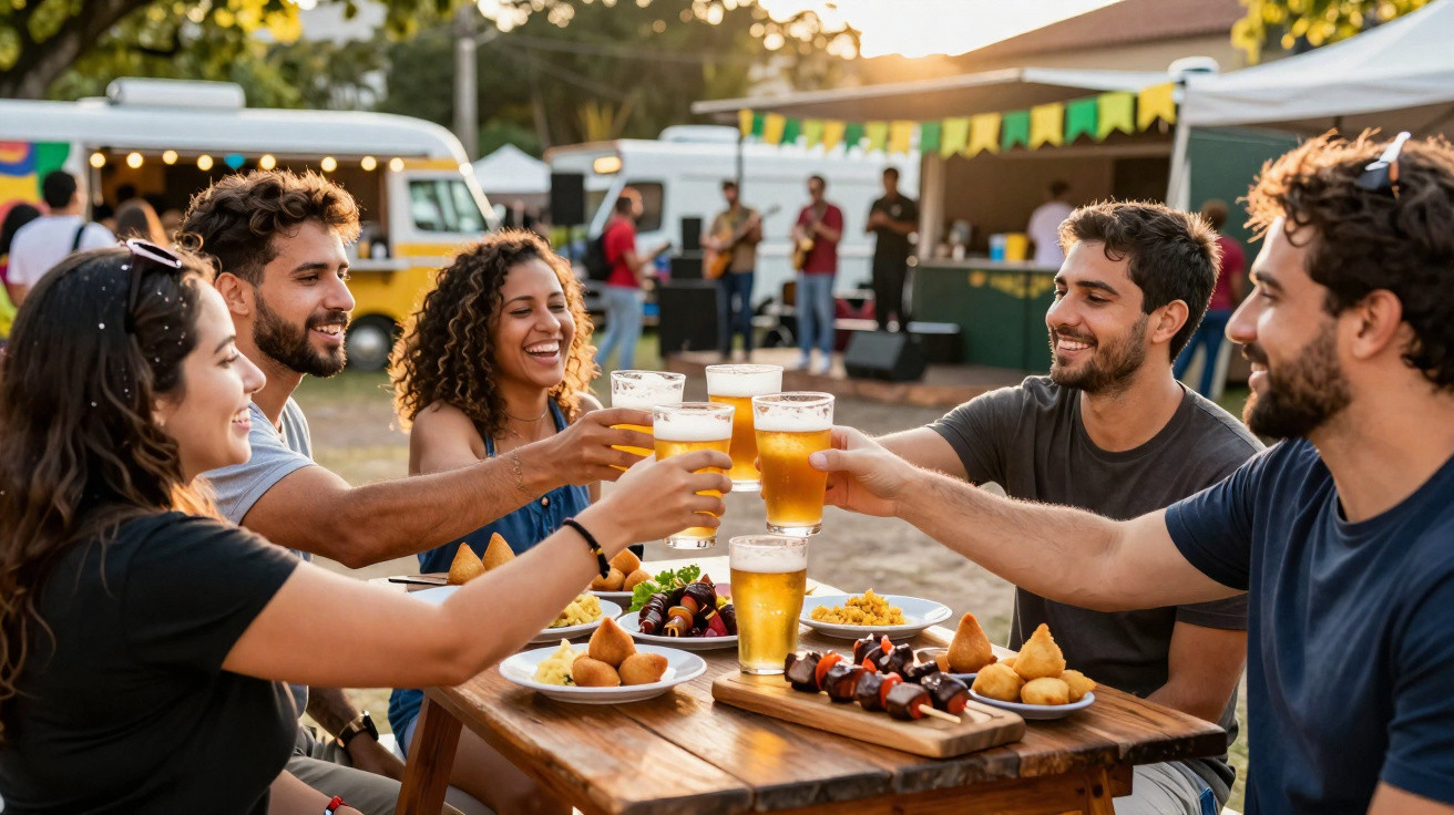 Grupo de amigos a brindar com cerveja ao ar livre numa festa com petiscos numa mesa de madeira.