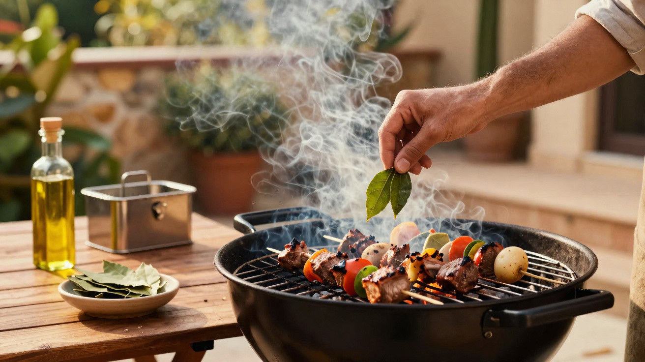 Churrasco ao ar livre com espetadas de carne, legumes e batatas, temperado com folhas de louro.