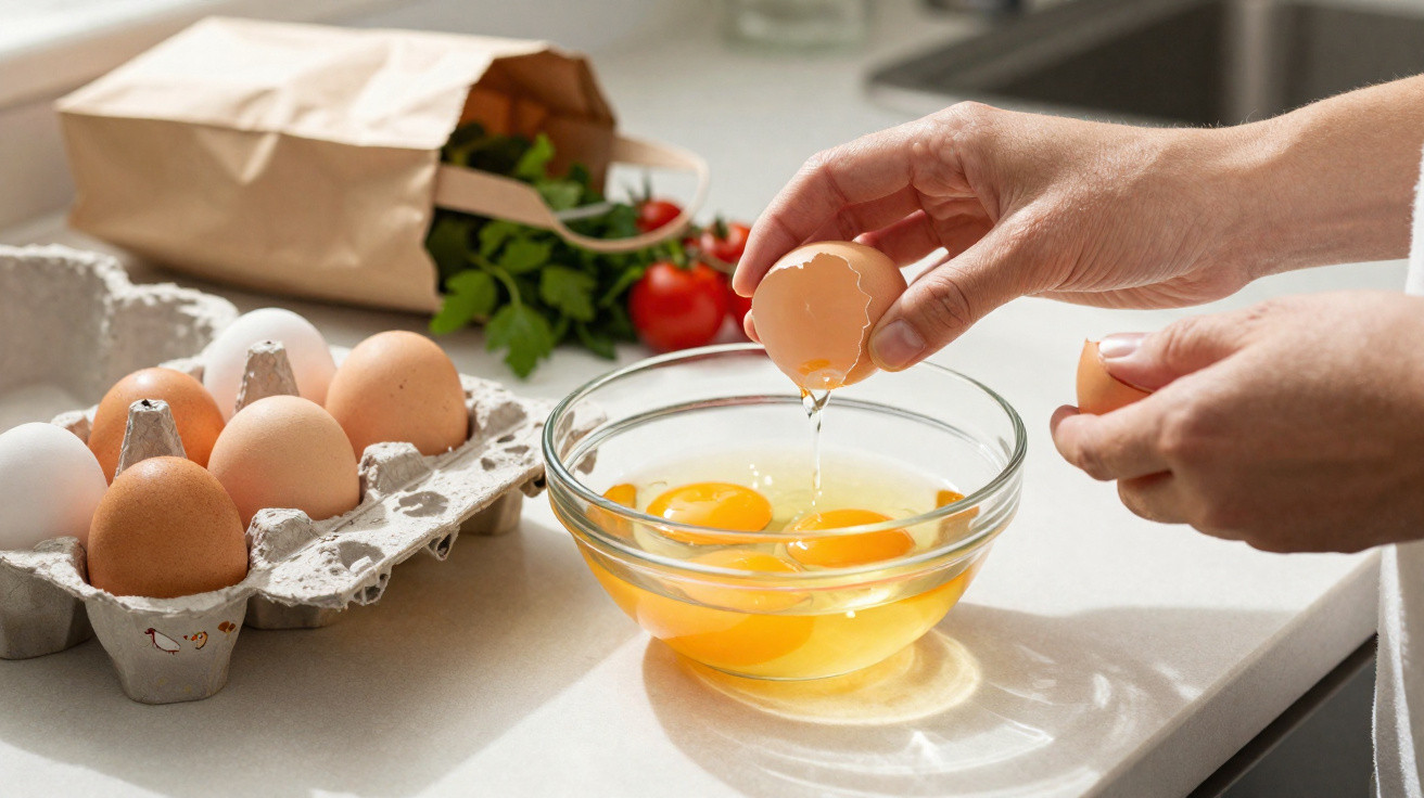 Mãos a romper casca de ovo para colocar gema numa taça de vidro, com tabuleiro de ovos e legumes ao fundo.